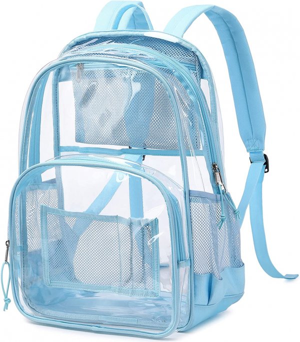 PVC school Backpack Waterproof durable See Through Bag Stadium Approved Clear Schoolbag Daypack Heavy Duty for travel Campus, Baby Blue
