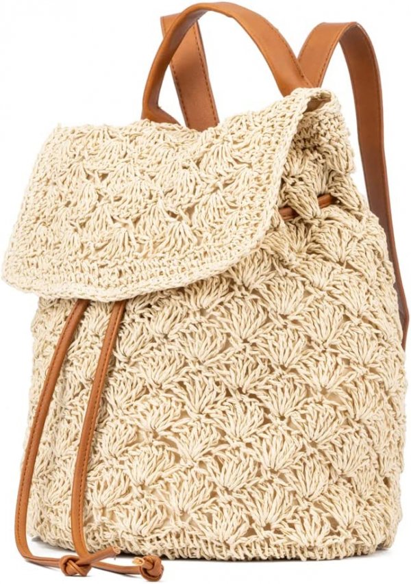 Women's Fashion, Natural Beige Crochet Woven Small Backpack